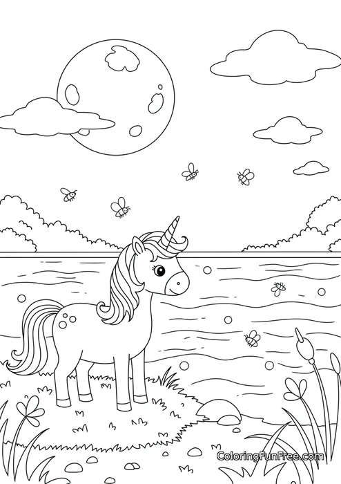 Unicorn by lake under moonlight