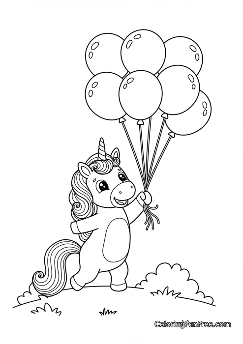Unicorn holding bunch of balloons