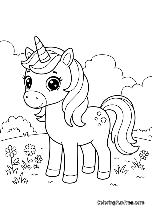 Unicorn in field with flowers and clouds