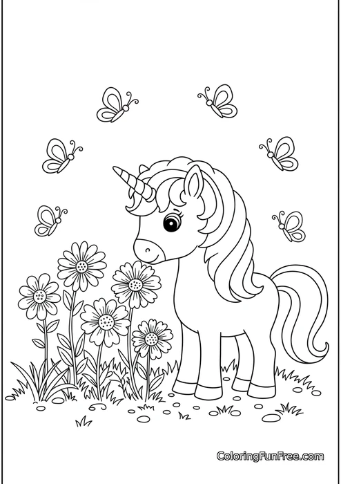 Unicorn in flower field with butterflies