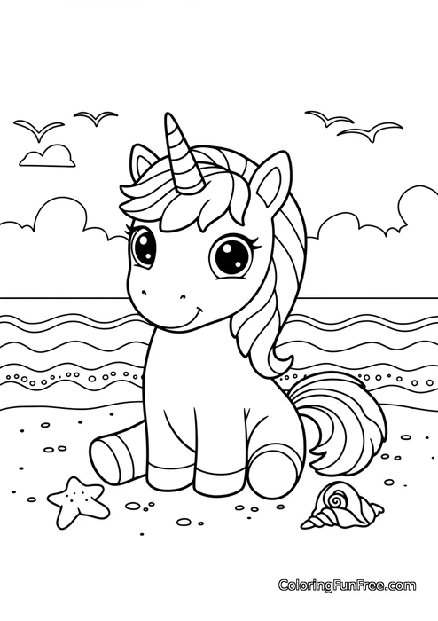 Unicorn sitting on beach with shells