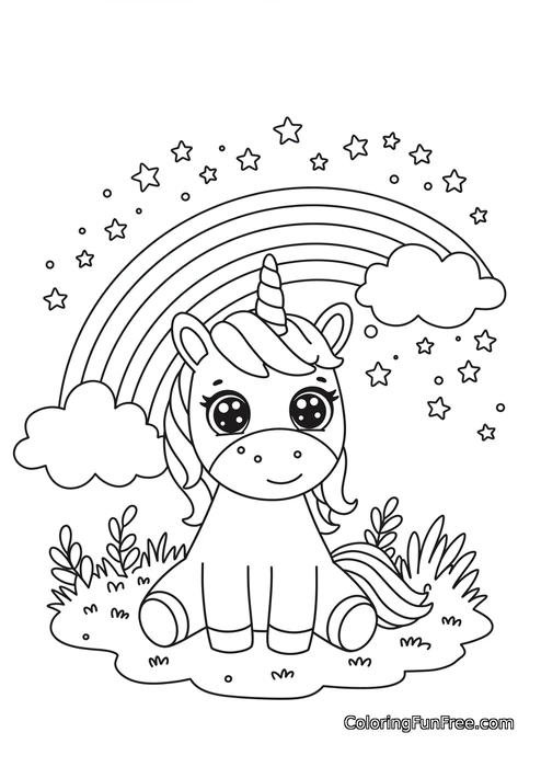 Unicorn sitting under rainbow with stars