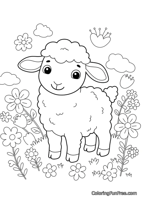 Cute lamb in field of flowers