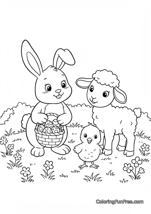 Easter bunny with basket chick and lamb