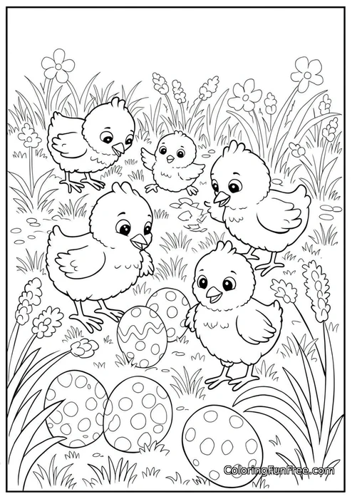 Five chicks with easter eggs