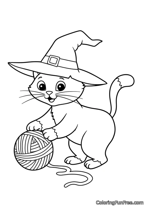 Сat with witch hat playing with yarn