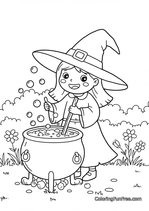 Little witch stirring cauldron