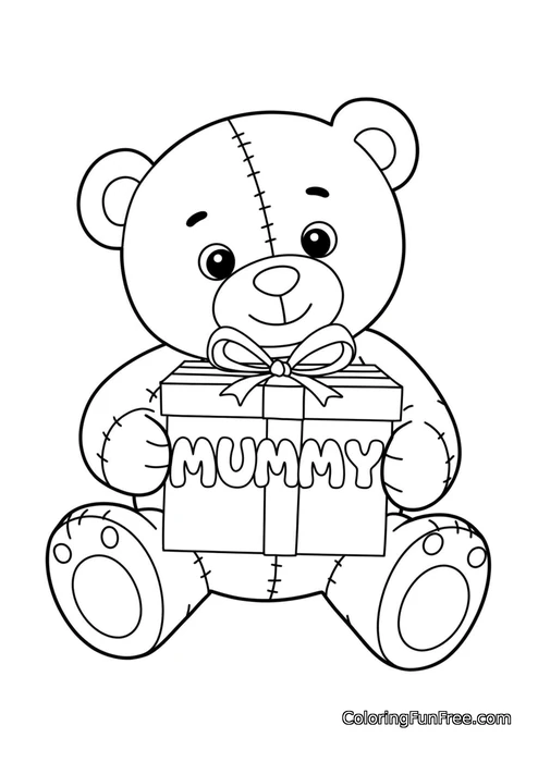 Teddy bear holding mummy gift box