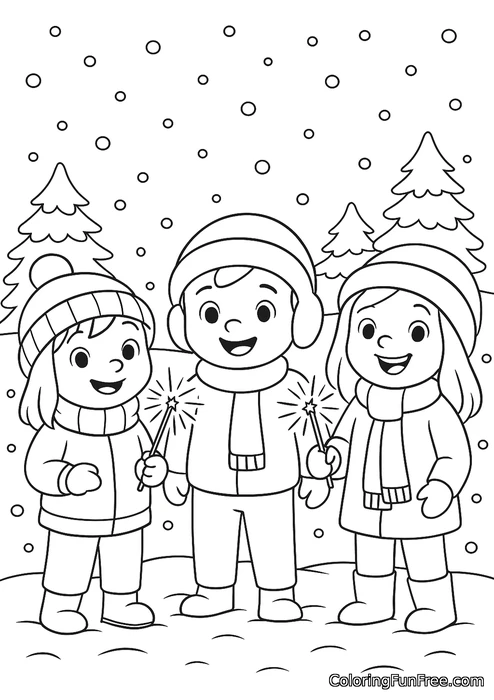 Kids holding sparklers winter