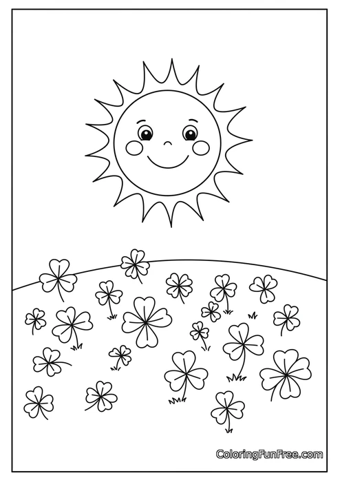 Smiling sun over field of clovers