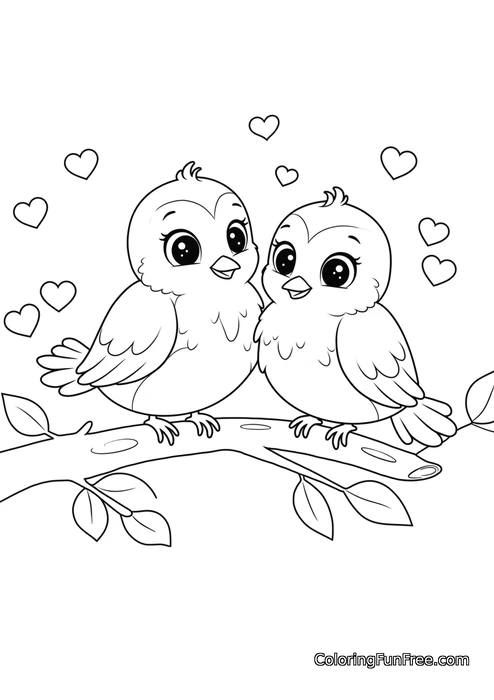 Two birds on branch hearts