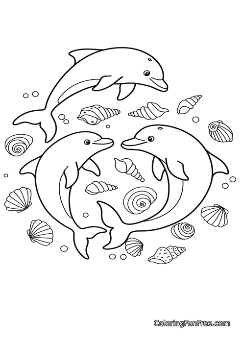 Three dolphins with seashells
