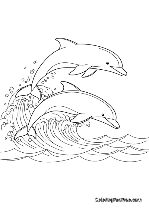 Two dolphins jumping waves