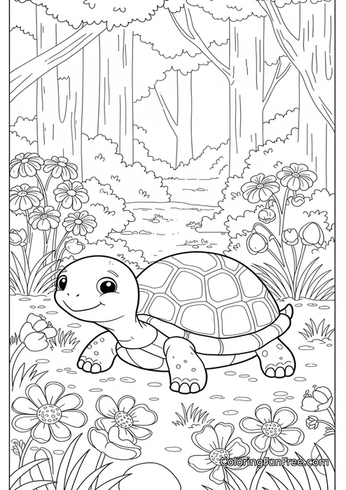 Turtle in forest with flowers