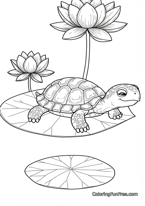 Turtle on lily pad with lotus flowers