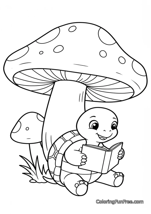 Turtle reading book under mushroom