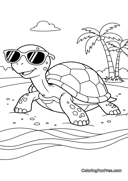 Turtle with sunglasses on beach