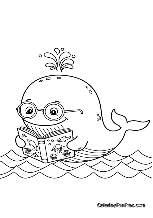 Whale reading book with glasses