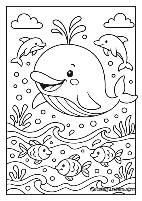 Whale with dolphins and fish