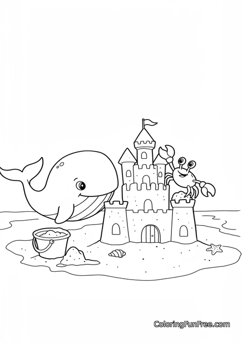 Whale with sandcastle and crab