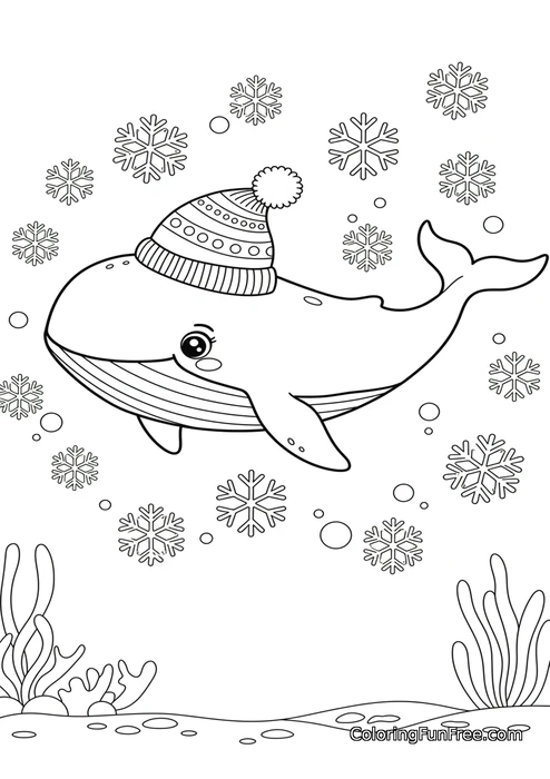 Whale with winter hat snowflakes