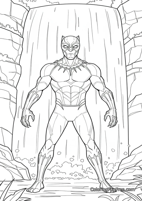 Black panther in front of waterfall