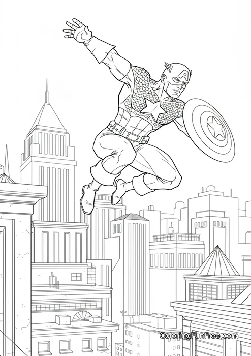 Captain America leaping over city