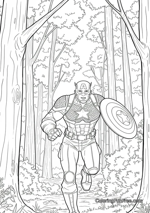 Captain America running through forest