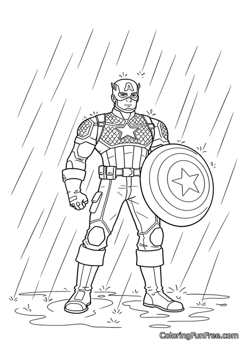 Captain America standing in rain