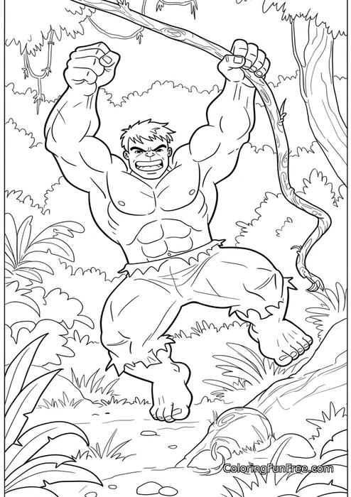 Hulk swinging on vine