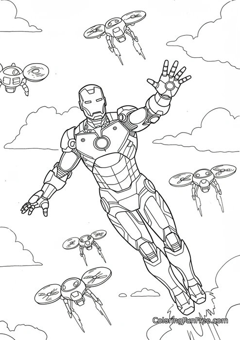 Iron man flying with drones