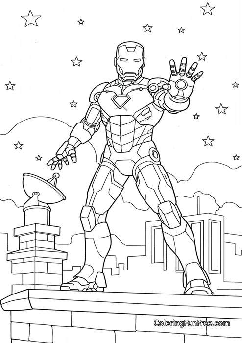 Iron man on rooftop under stars