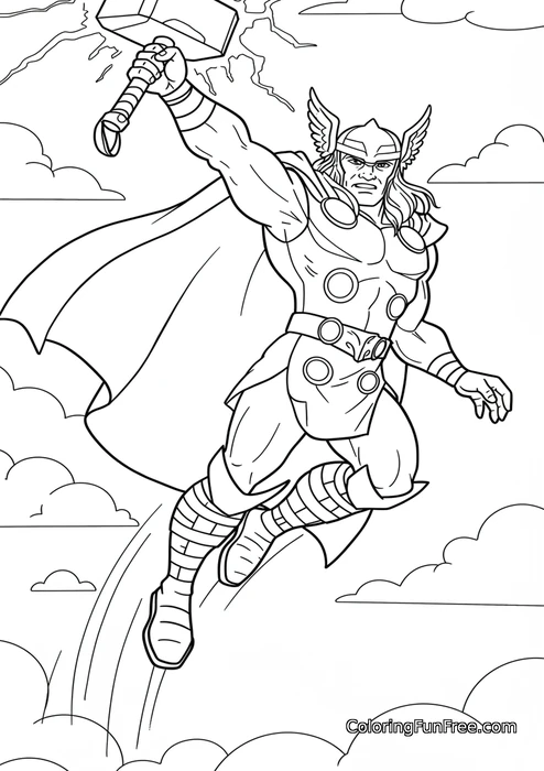 Thor flying through clouds with mjolnir