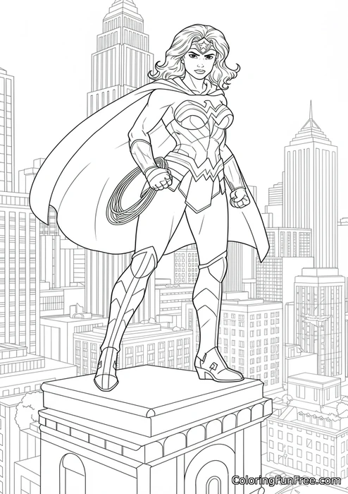 Wonder woman standing in front of city