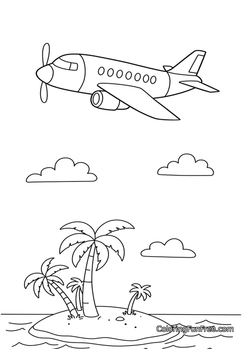 Airplane flying over tropical island