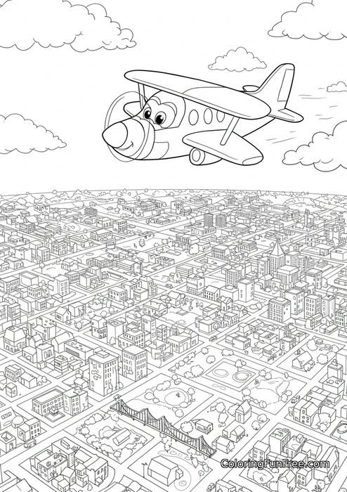 Cartoon plane flying over detailed city