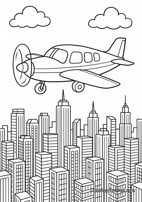 Propeller plane over city