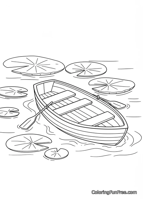 Rowboat on a pond with lily pads