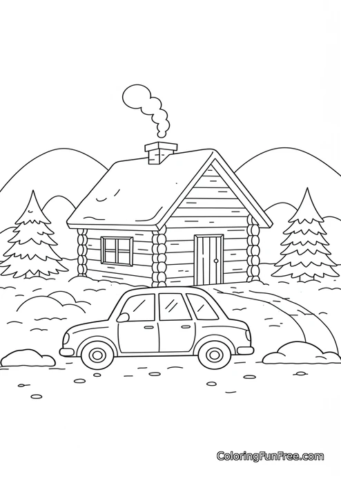 Car at a winter cabin