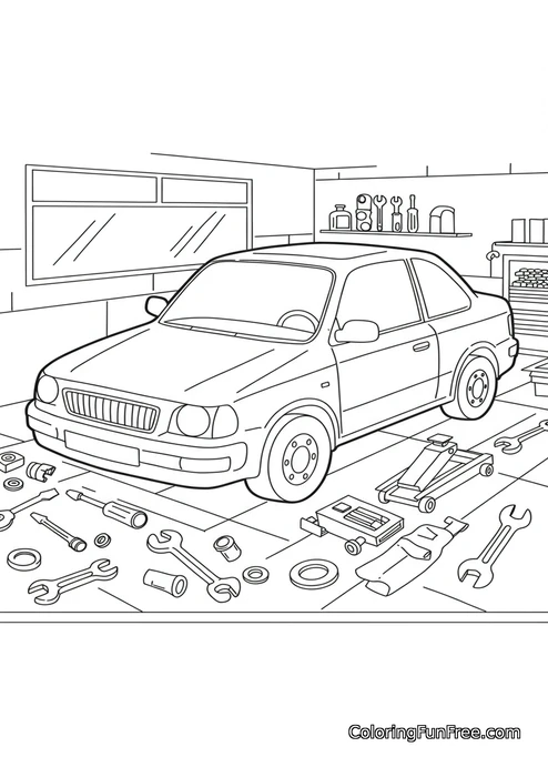 Car in a garage with tools