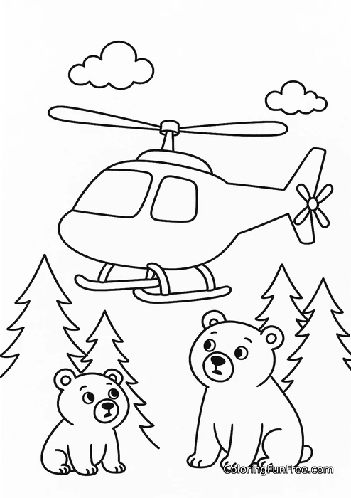 Helicopter and bears in forest