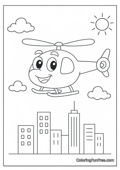 Helicopter flying over city