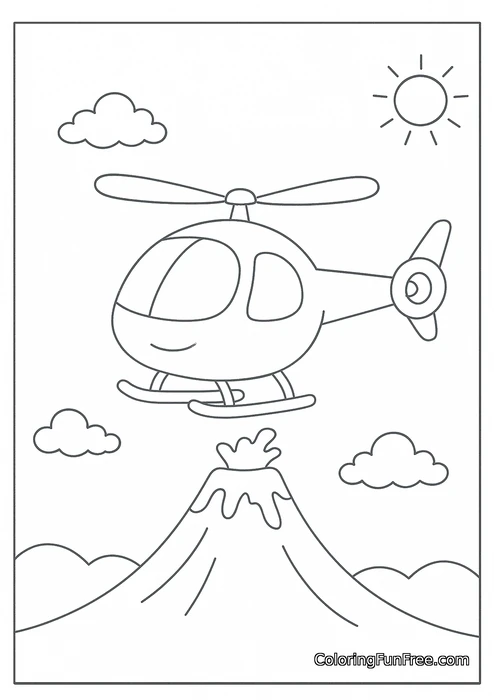 Helicopter over erupting volcano