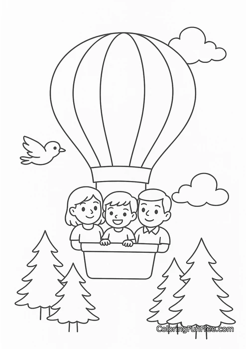 Family in hot air balloon over forest