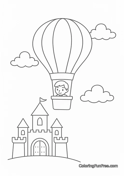 Hot air balloon flying over castle