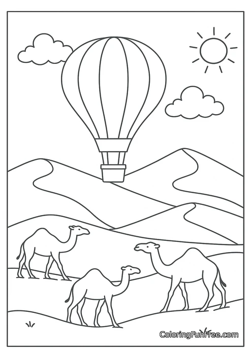 Hot air balloon over desert with camels