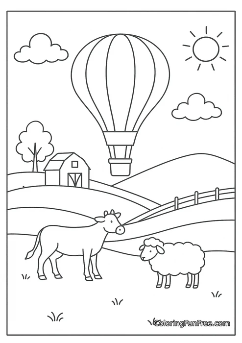 Hot air balloon over farm scene