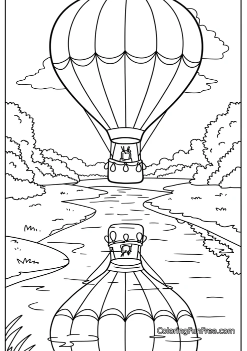 Hot air balloon over river with reflection