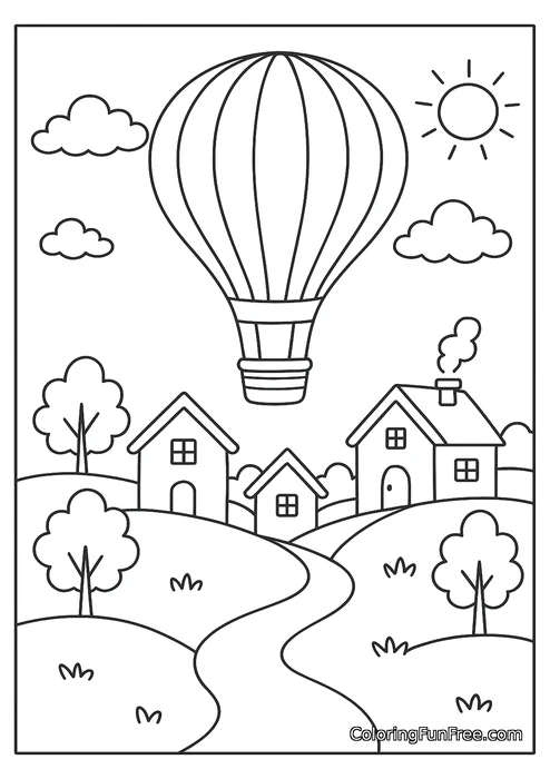 Hot air balloon over village