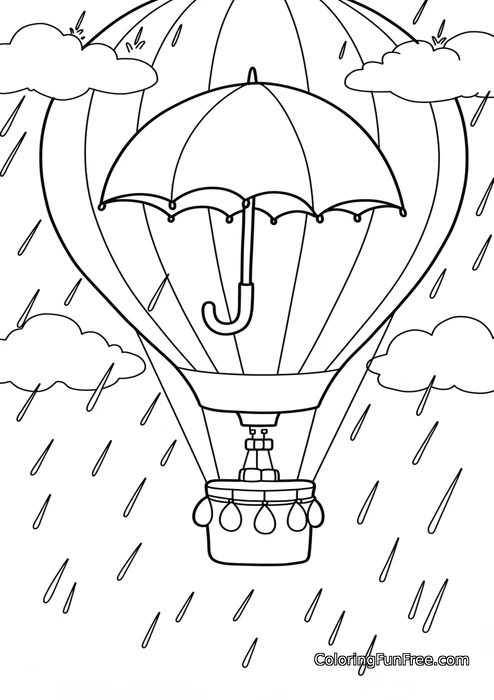 Hot air balloon with umbrella in rain